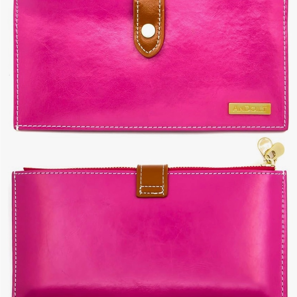 ANDOILT Genuine Leather Pink Wallet RFID Credit Card Zipper Purse Cell Phone